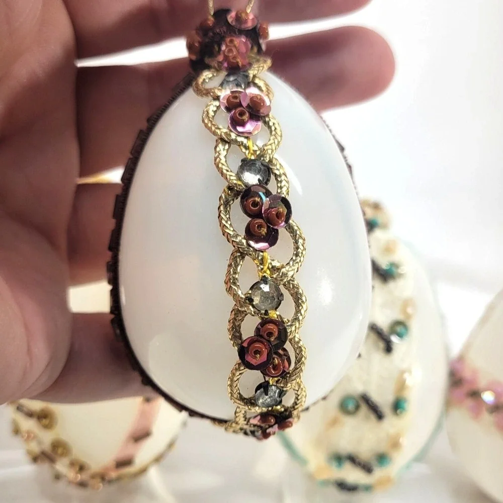 Vintage Glass Beaded Eggs Ornaments Set of 4 Embellished‎ Handcrafted Pink Green
